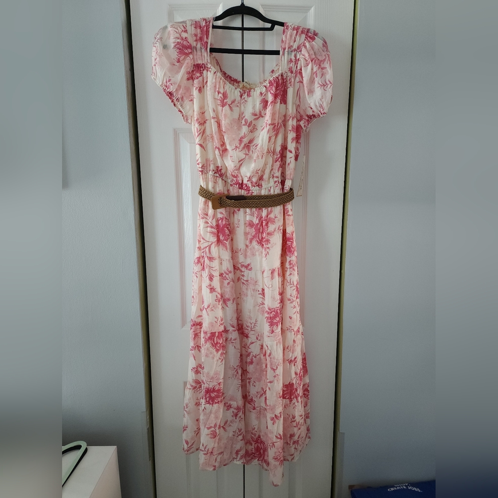 Cream Maxi Dress with Pink Floral Print and Braided Tan Belt Size L.